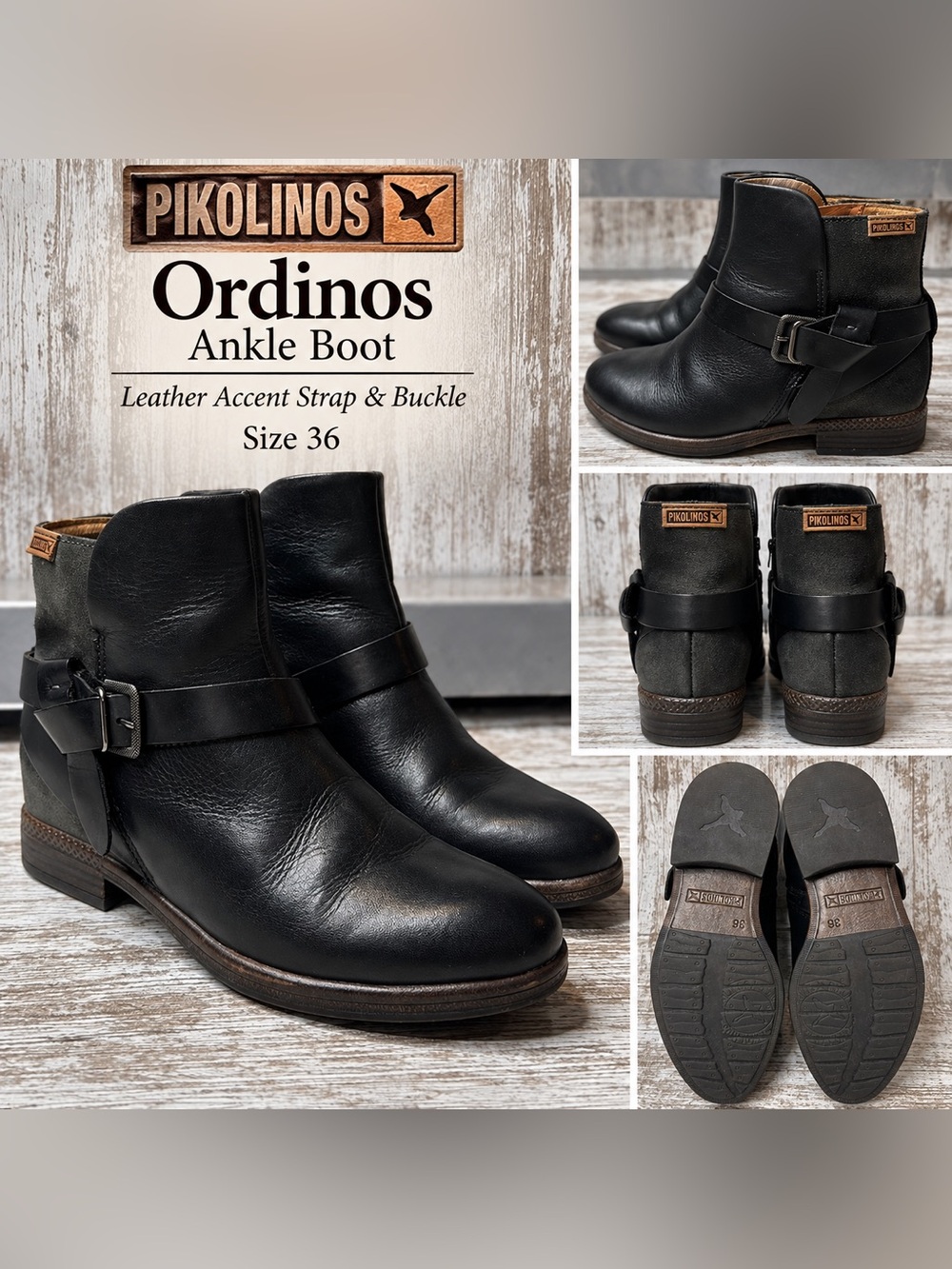 Pikolinos Ordinos Black Leather Ankle Boots Women’s EU 36 Buckle Moto Booties
